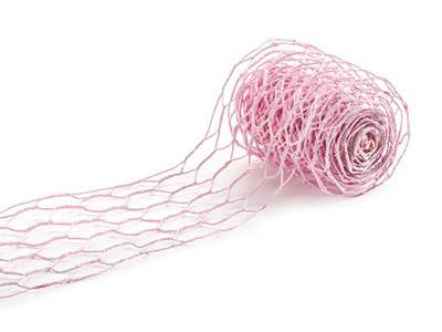 A roll of pink chicken wire ribbon is lying there with part of ribbon extended.