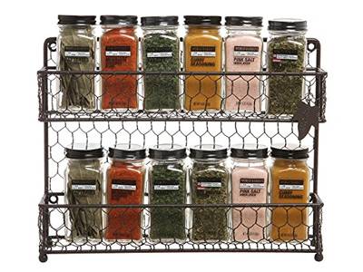 Bottle of spice are placed on a chicken wire mesh made shelf in kitchen.