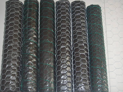 A roll of galvanized chicken wire and a roll of green PVC coated chicken wire